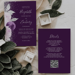 Blumiges Tiefes Lila Silber Glitter QR-Code Hochze Einladung