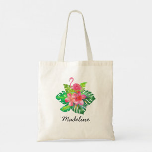 Blumiges Tropisches Flamingo Monogramm Tragetasche