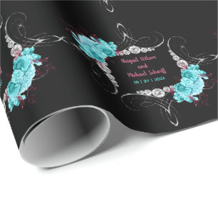 Blumiges Türkis und Mauve Elegantes Rhinestone Geschenkpapier