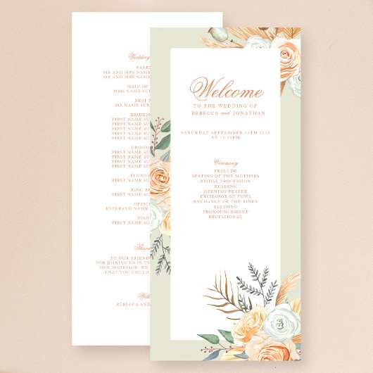 Blumiges Vintage-Boho-Pfirsich-Hochzeitsprogramm