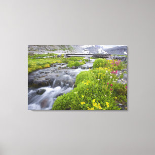 Blurry Fluss mit gelben weißen rosa Wildblumen Leinwanddruck