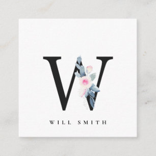 BLUSBLAUE BLUE FLORAL ALPHABETS NAME LETTER W QUADRATISCHE VISITENKARTE