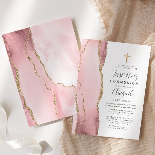 Blush Agate Gold Glitzer Erste Heilige Kommune Einladung