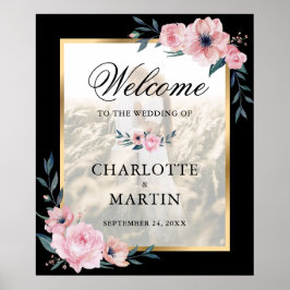Blush and Black Floral Foto Hochzeitszeichen Poster