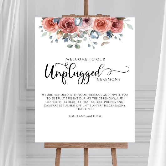 Blush and Blue Blissful, Unplugged Zeremony Sign Poster
