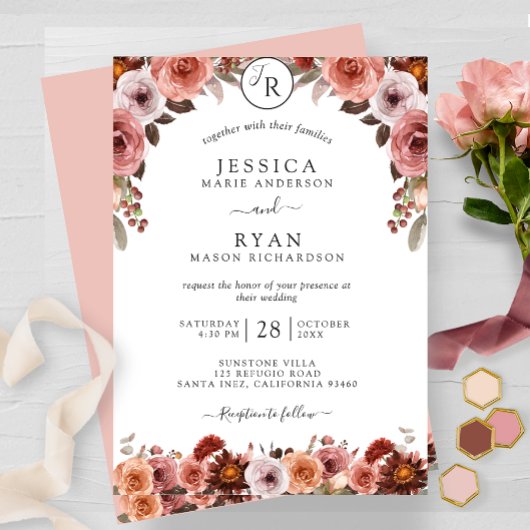 Blush and Burgundy, Monogram, Floral Wedding Einladung