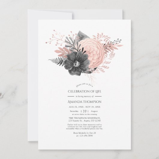 Blush and Charcoole Floral Celebration of Life Einladung (Vorderseite)