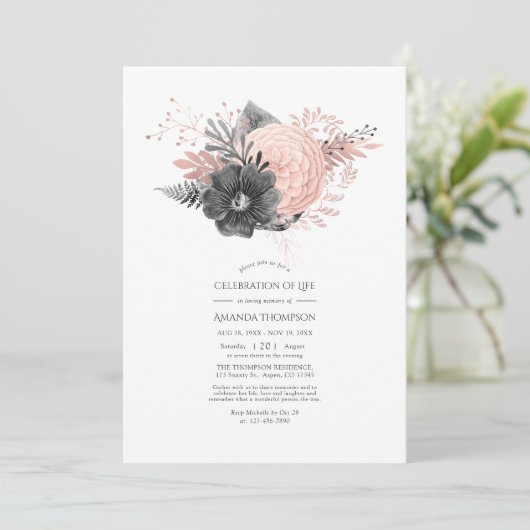 Blush and Charcoole Floral Celebration of Life Einladung (Stehend Vorderseite)