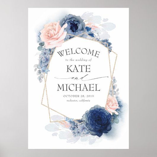 Blush and Dusty Blue Floral Wedding Welcome Poster (Vorne)