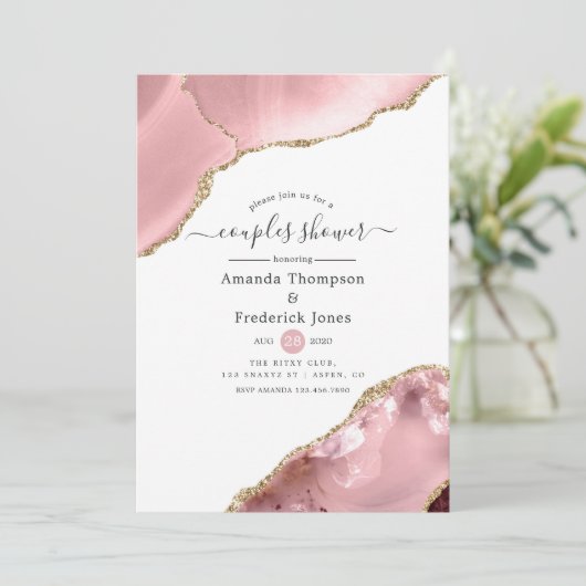 Blush and Gold Agate Couples Dusche Einladung (Stehend Vorderseite)