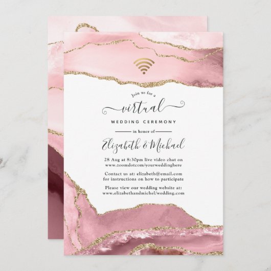 Blush and Gold Agate Online Virtual Wedding Einladung (Vorne/Hinten)