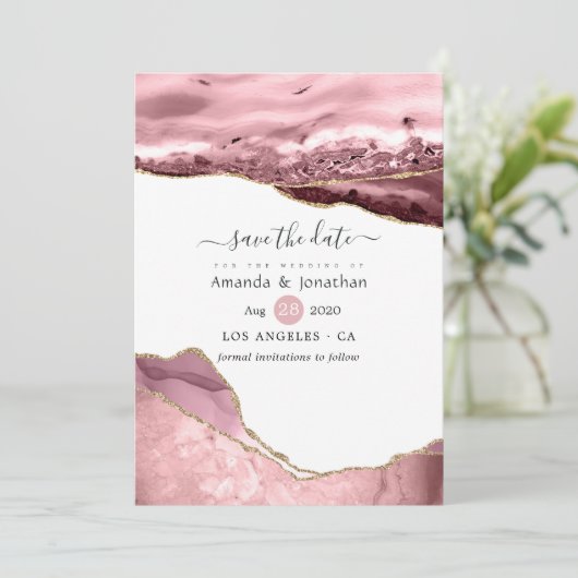 Blush and Gold Agate Wedding Save The Date (Stehend Vorderseite)