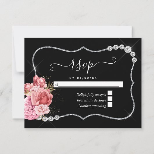 Blush and Gold and Silver Floral Diamond Wedding RSVP Karte (Vorderseite)