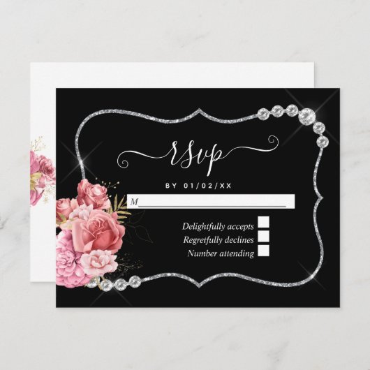 Blush and Gold and Silver Floral Diamond Wedding RSVP Karte (Vorne/Hinten)