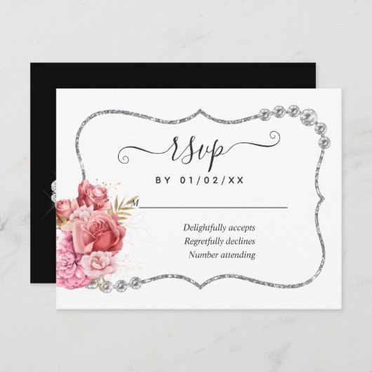Blush and Gold and Silver Floral Diamond Wedding RSVP Karte (Vorne/Hinten)