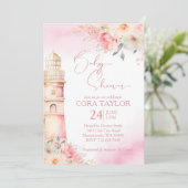 Blush and gold Boho Blumen Leuchtturm Babydusche Einladung (Stehend Vorderseite)