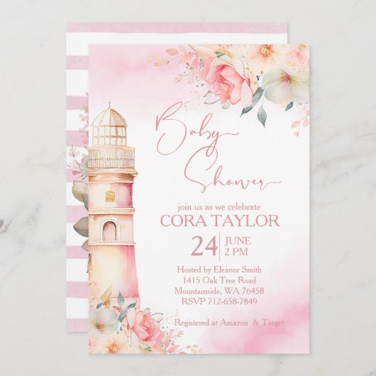 Blush and gold Boho Blumen Leuchtturm Babydusche Einladung (Vorne/Hinten)