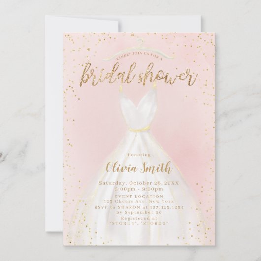 Blush and Gold Elegantes Hochzeitskleid Brautparty Einladung (Vorderseite)