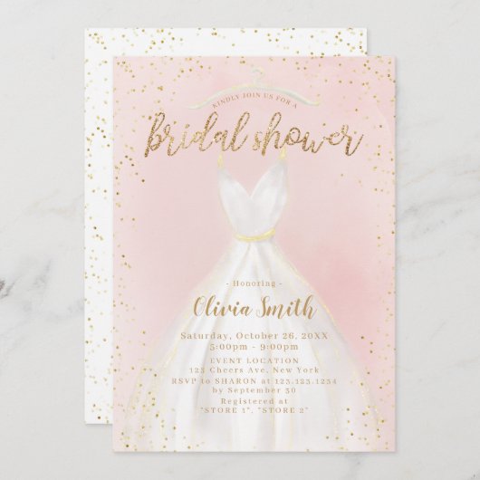 Blush and Gold Elegantes Hochzeitskleid Brautparty Einladung (Vorne/Hinten)