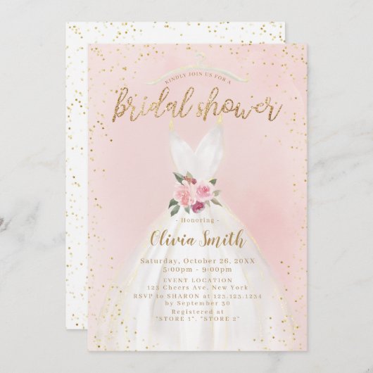 Blush and Gold Elegantes Hochzeitskleid Brautparty Einladung (Vorne/Hinten)