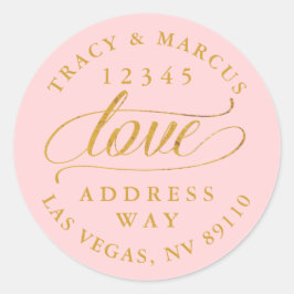 Blush and Gold Liebe Calligraphy Wedding Address Runder Aufkleber