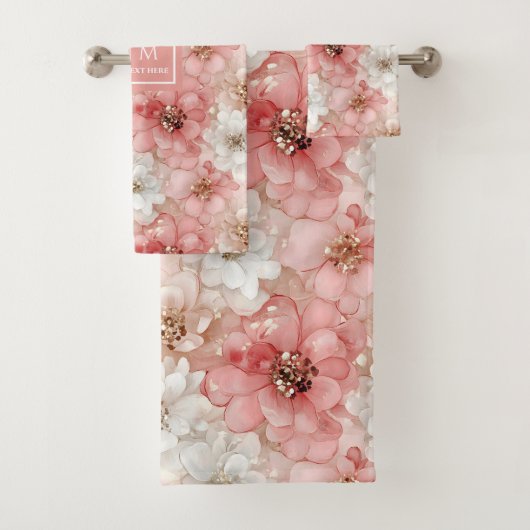 Blush and Gold Towel Trendy Monogram Bathroom Badhandtuch Set (Insitu)