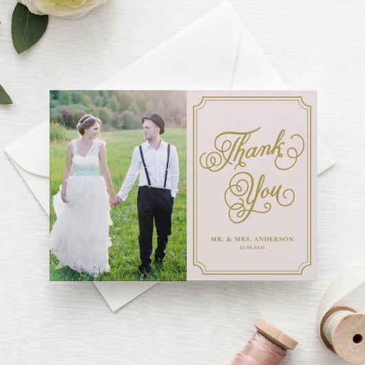 Blush and Gold Whimsical Script Foto Wedding Dankeskarte