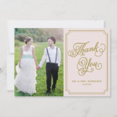 Blush and Gold Whimsical Script Foto Wedding Dankeskarte (Vorderseite)