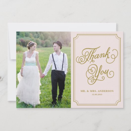 Blush and Gold Whimsical Script Foto Wedding Dankeskarte (Vorderseite)