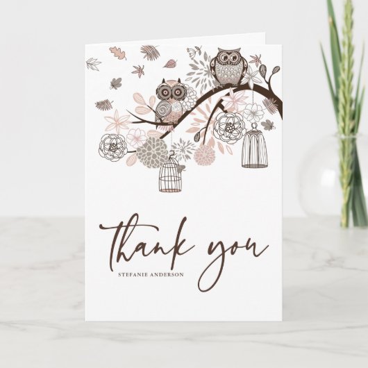 Blush and Grey Owls Winter Wedding Danke Karte (Vorderseite)