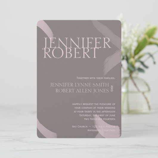 Blush and Grey Stroke Metallic Wedding Einladung (Stehend Vorderseite)