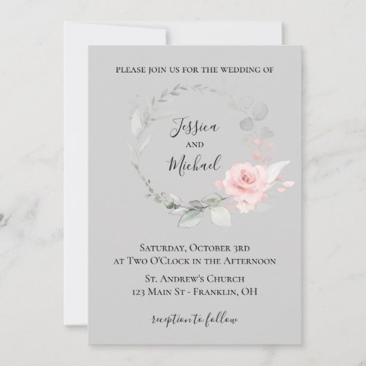 Blush and Grey Weditation - Rose Kranz Einladung (Vorderseite)