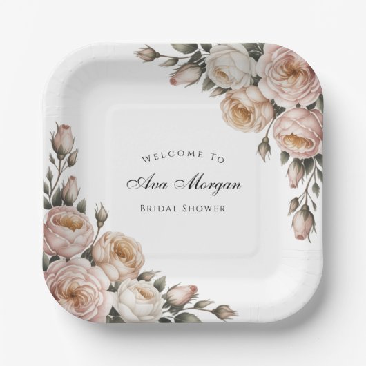 Blush and Ivory Rose Floral Bridal Shower Pappteller (Vorderseite)