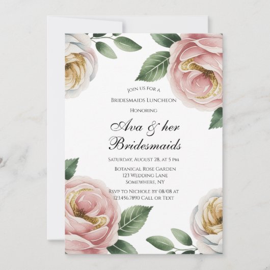 Blush and Ivory Rose Floral Bridesmaids Luncheon Einladung (Vorderseite)