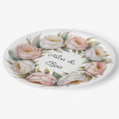 Blush and Ivory Rose Floral Wreath Wedding Pappteller (Schrägansicht)