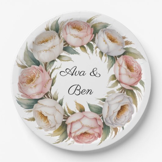 Blush and Ivory Rose Floral Wreath Wedding Pappteller (Vorderseite)