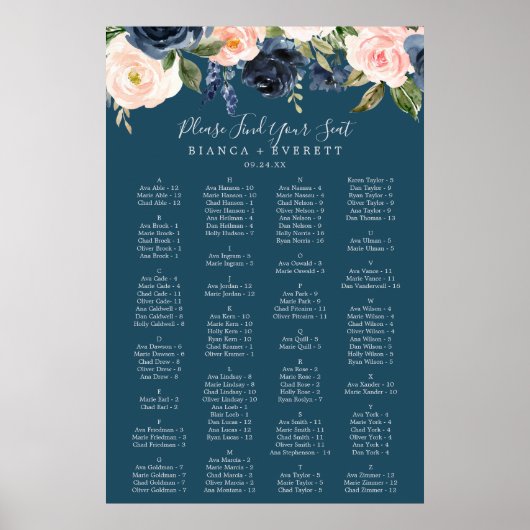 Blush and Navy Blue Alphabetical Seating Chart Poster (Vorne)