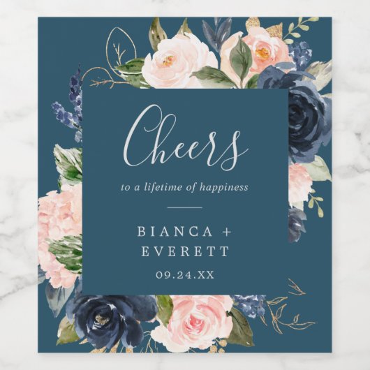 Blush and Navy Blue Cheers Hochzeiten von Weinetik Weinetikett (Einzelnes Label)