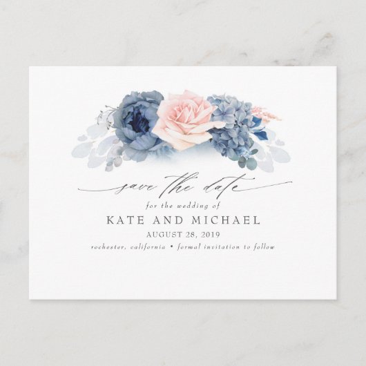 Blush and Navy Blue Floral Boho Save the Date Postkarte (Vorderseite)