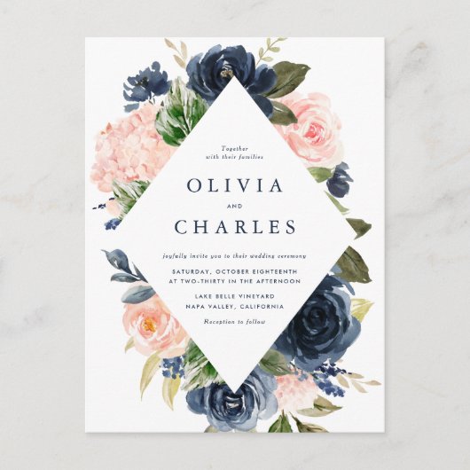 Blush and Navy Blue Floral Frame QR Code Hochzeit Einladungspostkarte (Vorderseite)