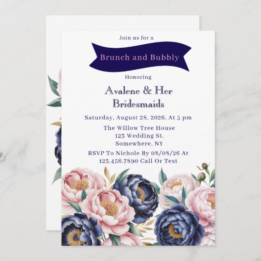 Blush and Navy Blue Peony Brunch and Bubbly Einladung (Vorne/Hinten)