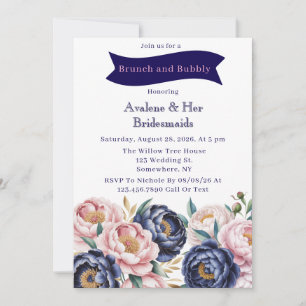 Blush and Navy Blue Peony Brunch and Bubbly Einladung