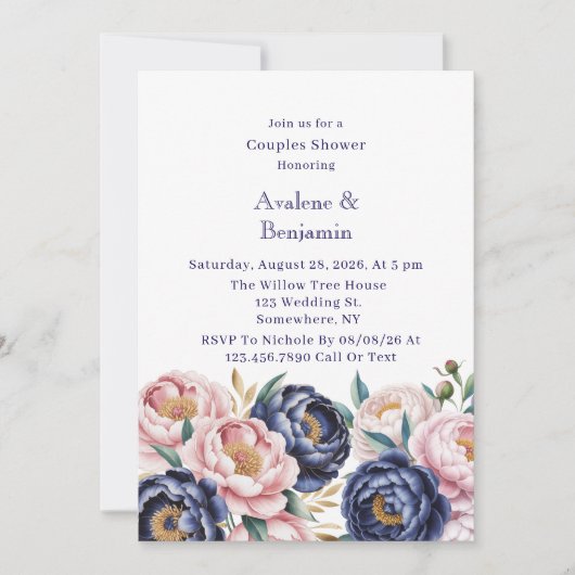Blush and Navy Blue Peony Couples Dusche Einladung (Vorderseite)