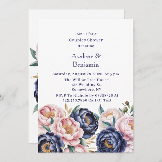 Blush and Navy Blue Peony Couples Dusche Einladung (Vorne/Hinten)