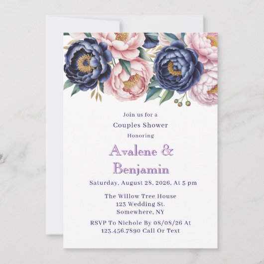 Blush and Navy Blue Peony Couples Dusche Einladung (Vorderseite)