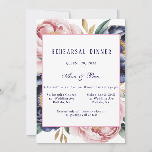Blush and Navy Blue Peony Probe Dinner Einladung (Vorderseite)