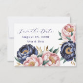 Blush and Navy Blue Peony Wedding Save the Date (Vorderseite)