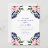 Blush and Navy Blue Peony Wedration Einladung (Vorderseite)