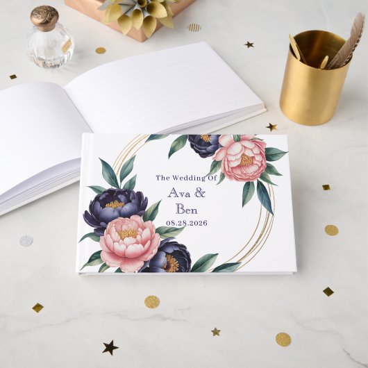 Blush and Navy Blue Wedding Gästebuch (Vorderseite Offen)