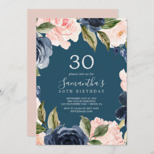 Blush and Navy Blume Blue Wreath 30. Geburtstag Einladung
